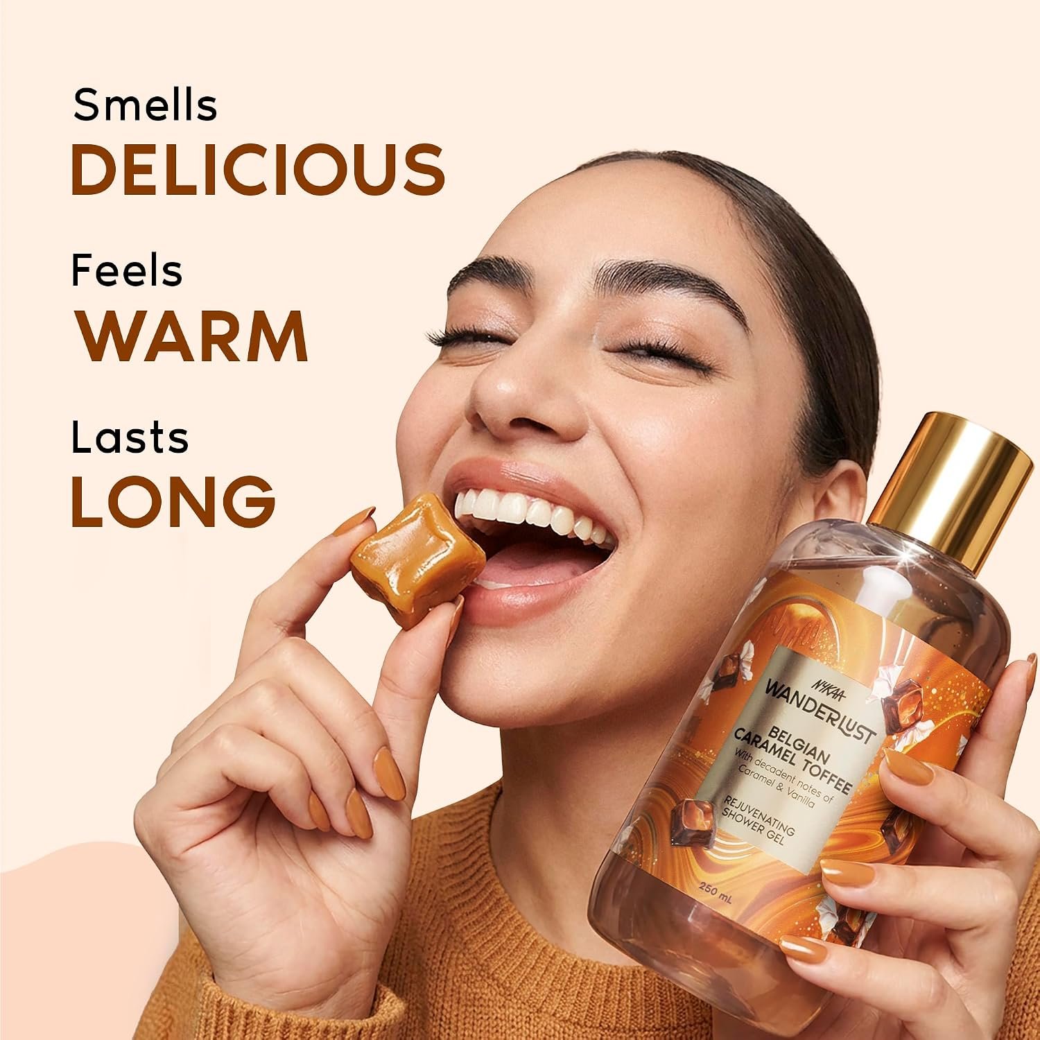 Nykaa Wanderlust Belgian Caramel Toffee Exfoliating Perfume Body Wash, Lactic Acid & Vitamin E, Caramel & Vanilla, Hydrating Shower Gel for Smooth & Soft Skin, Long-lasting Fragrance, No Par thumbnail