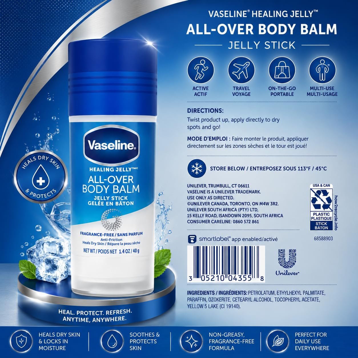 Vaseline All Over Body Balm Jelly Stick 40g | Fragrance Free Healing Jelly Moisturizer for Dry Skin & Anti Chafing Care thumbnail