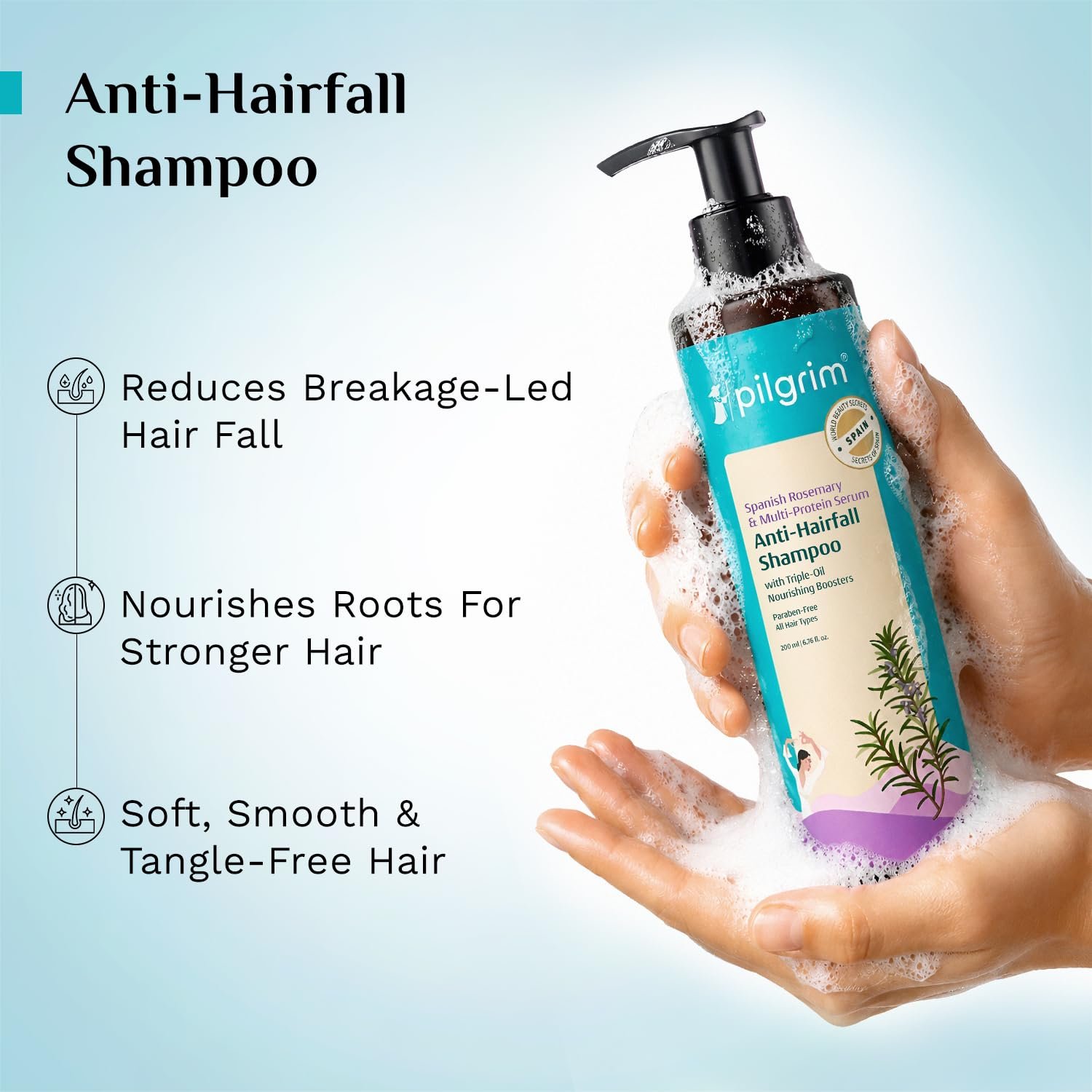 Pilgrim Rosemary Anti-Hairfall Shampoo with Multi-Protein Serum - 200ml Triple Oil Nourishing Boosters to Reduce Dryness, Breakage-Led Hair Fall, Strengthens Weak Hair, Controls Frizz, Adds thumbnail
