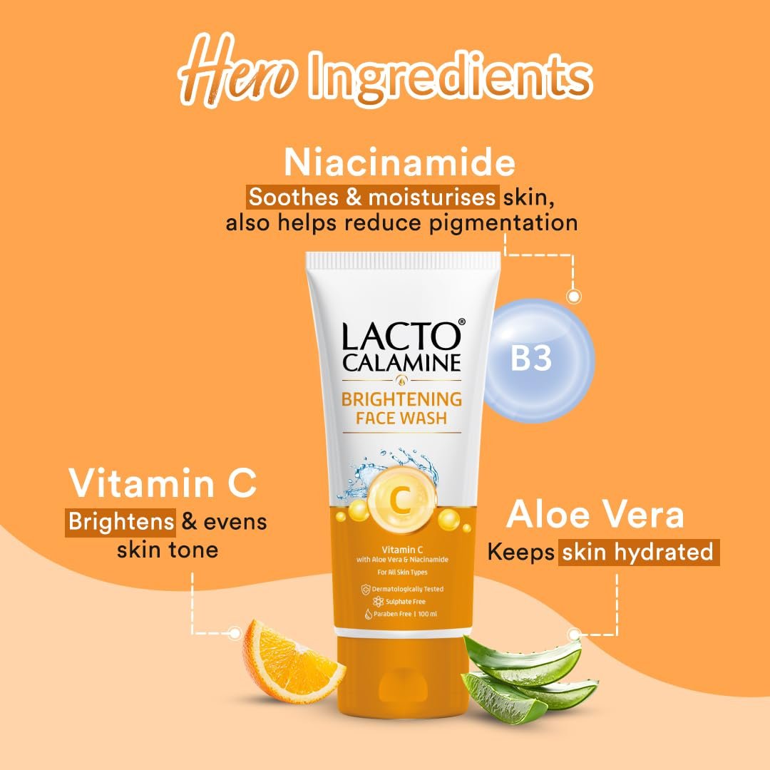 Lacto Calamine Vitamin C Face Wash | Pack of 1 x 100ml | Aloe Vera & Niacinamide Face Wash for Glowing Skin | thumbnail