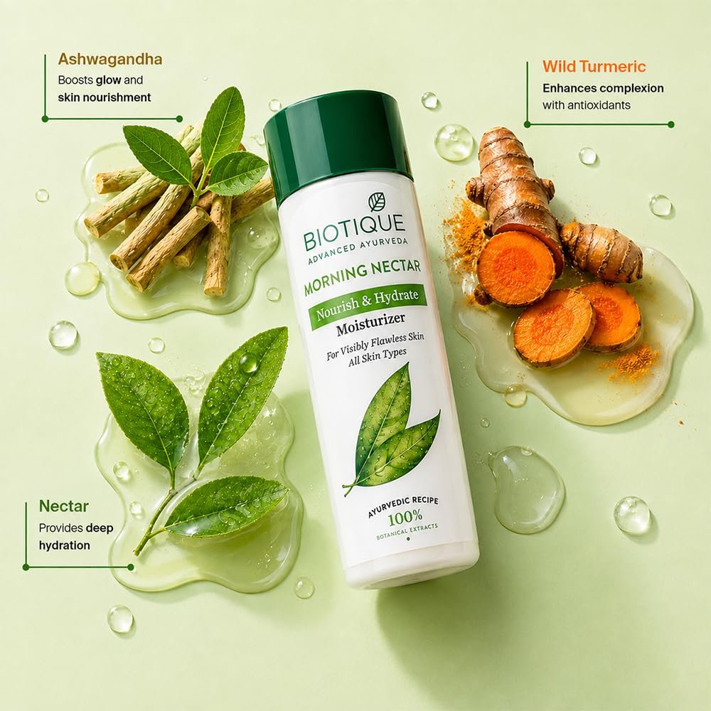 Biotique Morning Nectar Flawless Skin Moisturizer Lotion L Prevents Dark Spots, Blackheads And Blemishes L Visibly Flawless Skin L Nourishes And Hydrates Skin L All Skin Types L 190Ml thumbnail