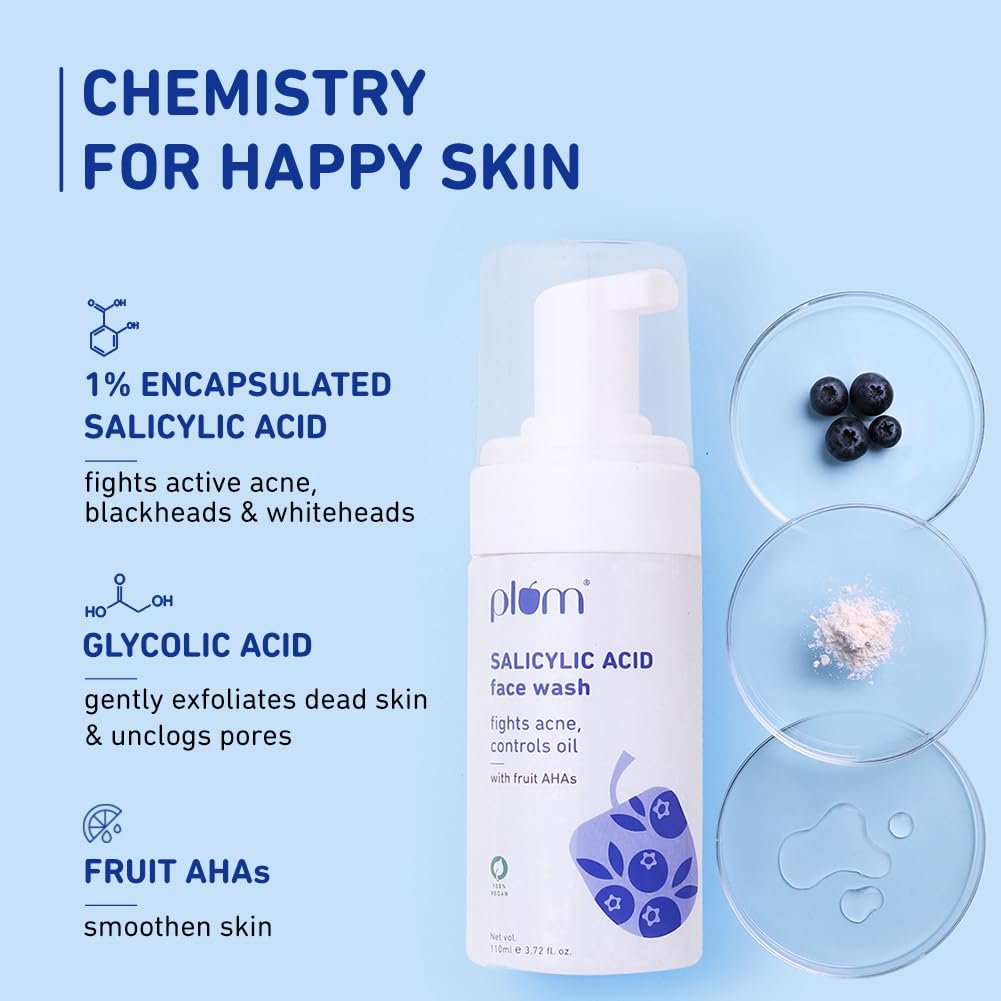 Plum 1% Encapsulated Salicylic Acid Foaming Face Wash | Fights Active Acne, controls oil & deep cleanses pores | 110ml thumbnail
