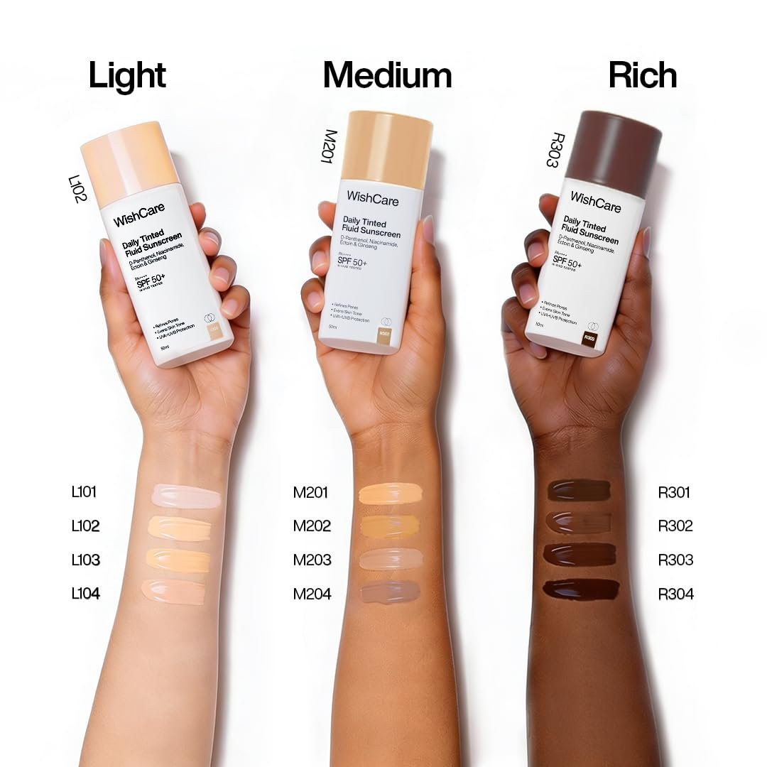 WishCare Daily Fluid Tinted Sunscreen SPF50 PA++++ | M201 | Broad Spectrum Protection for all skin types| In-Vivo Tested Tinted Sun Screen |  Evens & Protects | 50ml thumbnail