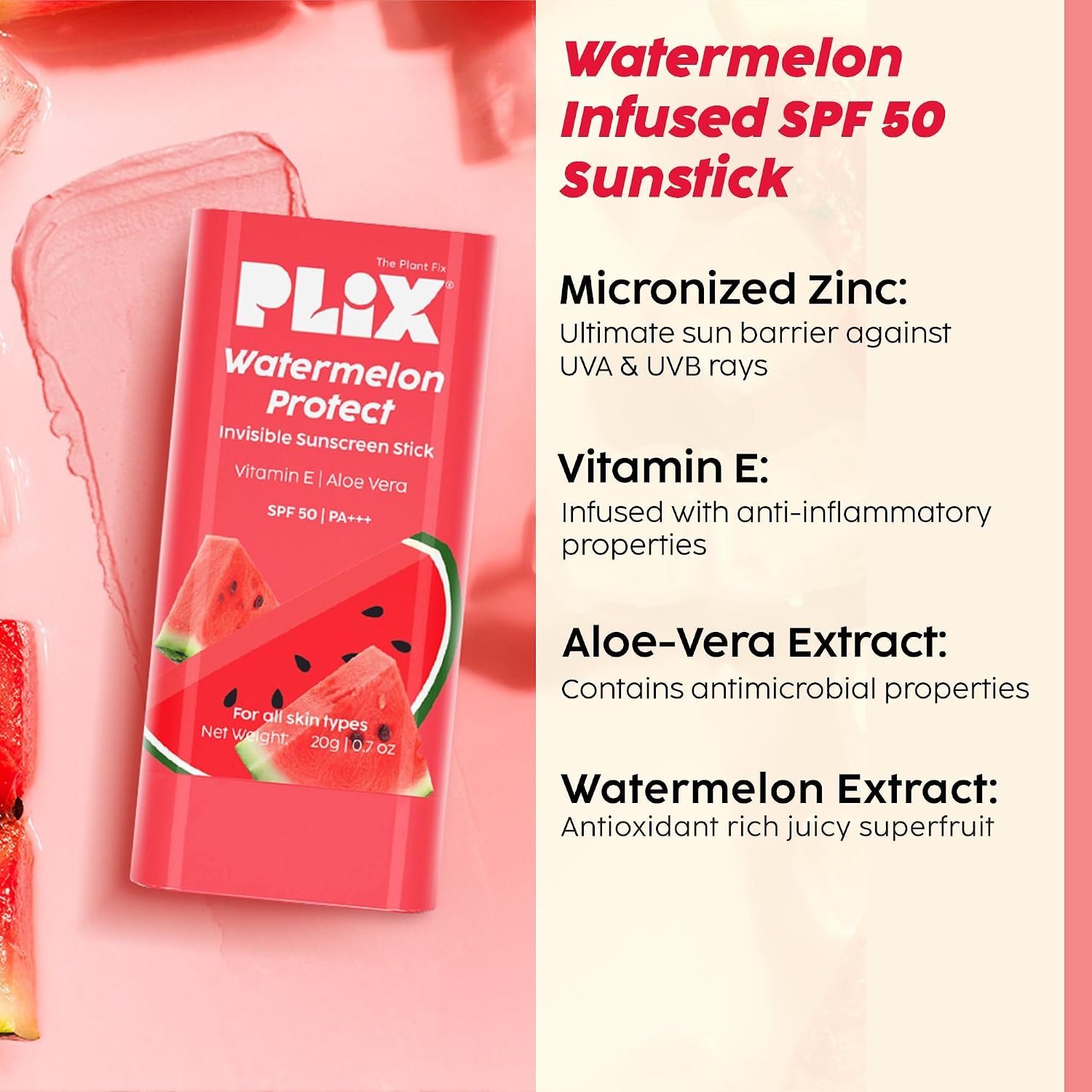 PLIX THE PLANT FIX Watermelon Protect Invisible Sunscreen Stick With New-Age UV Filters | In Vivo Tested SPF 50 PA+++ | Lightweight & Non-sticky | For Mess-free Application |15g thumbnail