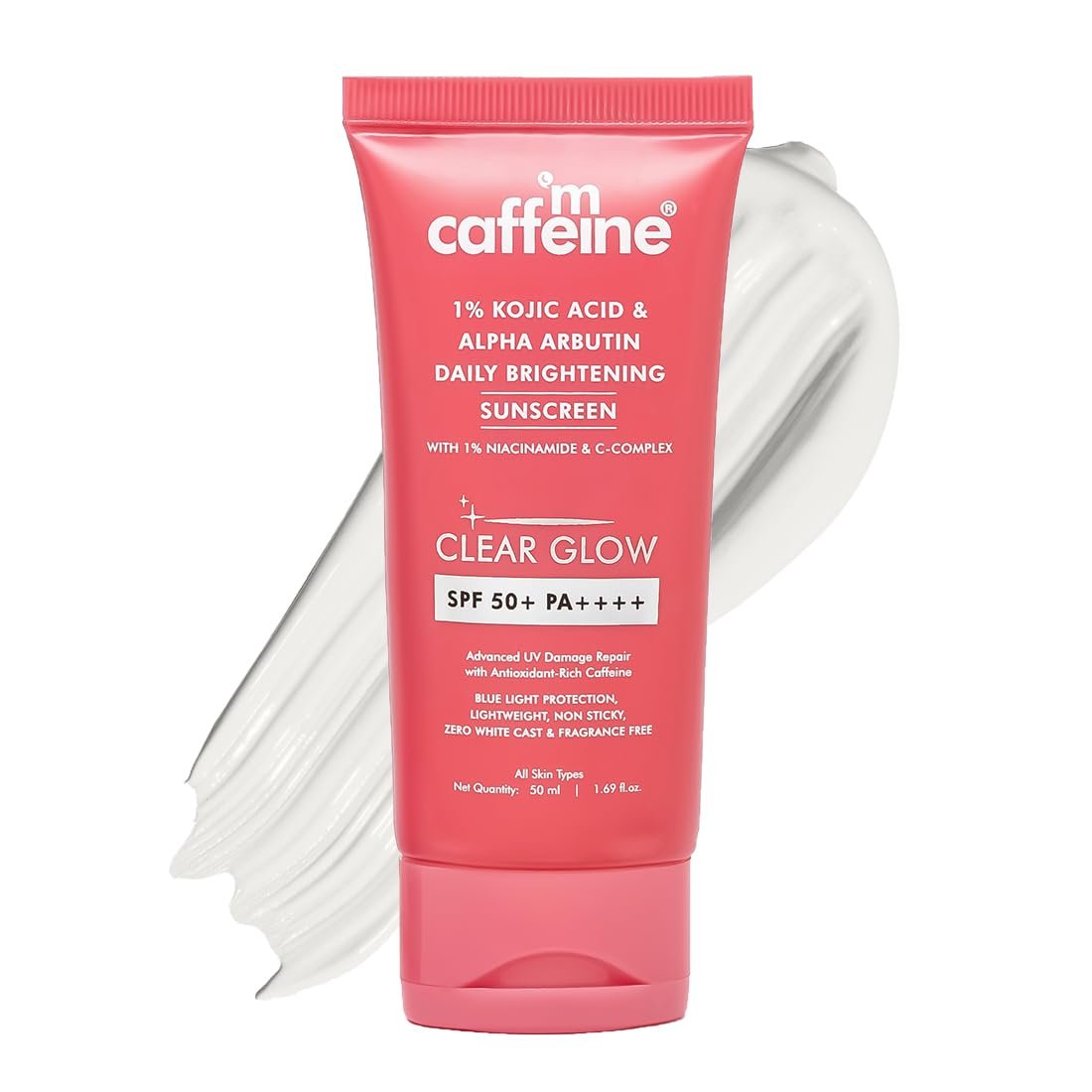 mCaffeine CLEAR GLOW 1% Kojic Acid & Alpha Arbutin Brightening Sunscreen SPF 50 PA++++ |Niacinamide-Dark Spots & Pigmentation| UVA-B Sun Protection|For Men & Women - 50ml