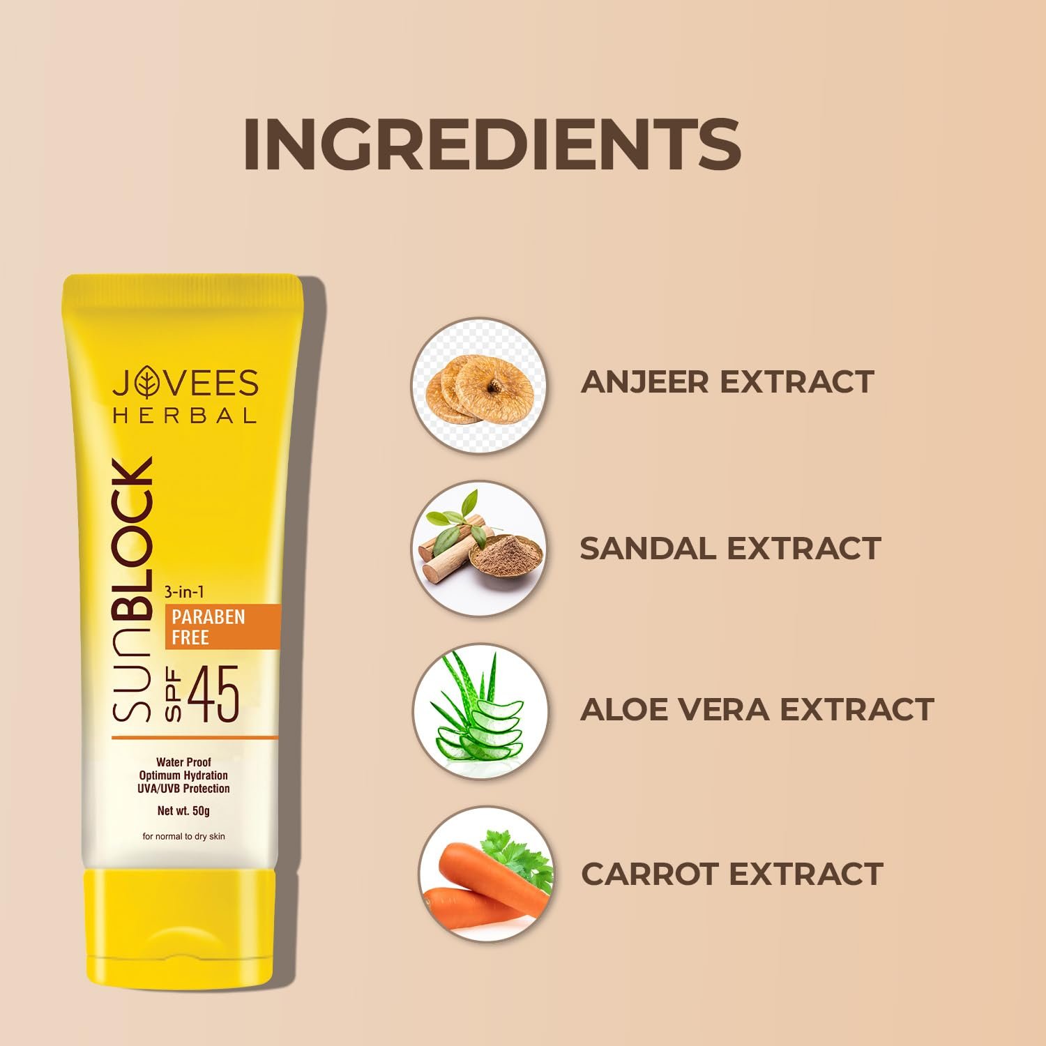 Jovees Herbal Sun Block SPF 45 For Even Toned & Glowing Skin | Suitable For Dry Skin | Sunscreen for UVA/UVB & Blue Light Protection | Lightweight & Non Grassy Sunscreen For Men/Women 50g thumbnail