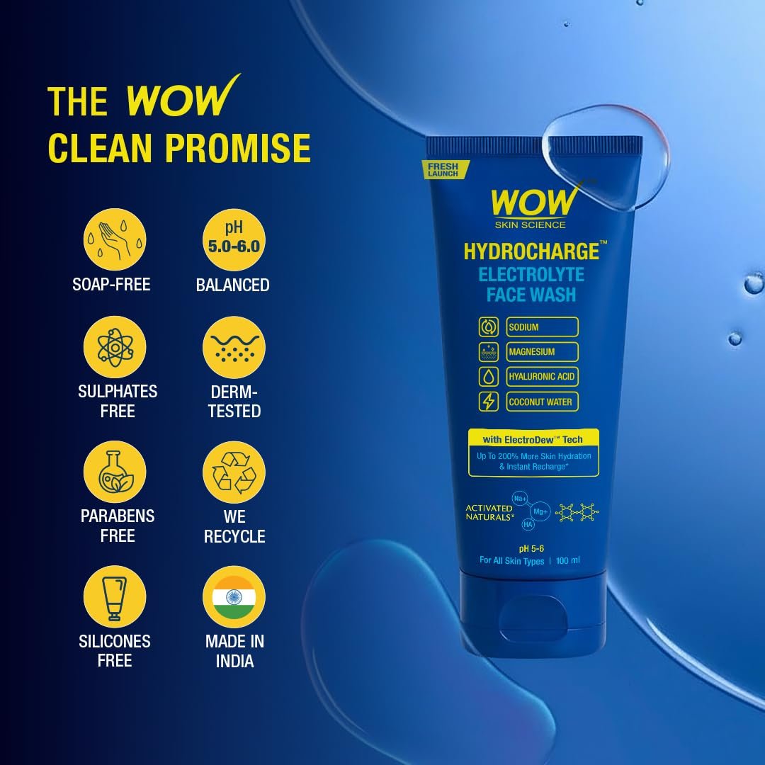 WOW Skin Science Hydrocharge™ Electrolyte Face Wash with ElectroDew™ Tech | India’s 1st Electrolyte Cleanser with Sodium, Magnesium, Hyaluronic Acid & Coconut Water | pH 5–6 | 100ml thumbnail