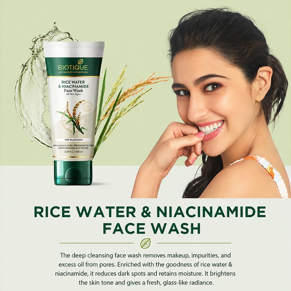 Biotique Rice Water & Niacinamide Gel Face Wash Removes Excess Oils & Reduce Blemishes of the Skin | Glass Skin | For Men & Women - 100ml thumbnail