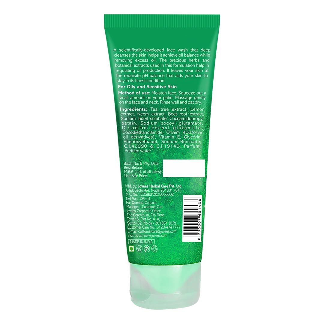 Jovees Herbal Tea Tree Oil Control Face Wash for Oily & Sensitive Skin | Paraben & Alcohol-Free, Controls Oil, Prevents Breakouts, Remove Dead Skin | Gentle Cleanser For All Skin Types180ml thumbnail