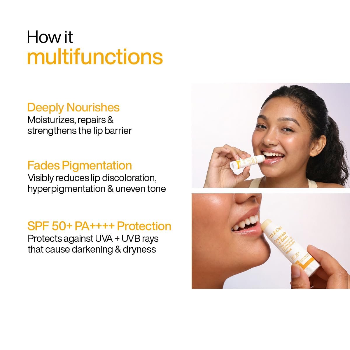WishCare Ceramide Lip Balm SPF 50 PA++++ | Brightening Lip Balm for Dark Lips | In-Vivo Tested | Kojic Acid & Niacinamide | Natural & Untinted | For Women & Men | 5g thumbnail