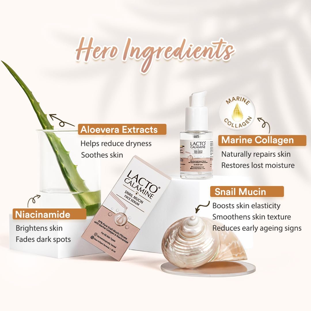Lacto Calamine 97% Pure Snail Mucin Face Serum with Marine Collagen & Niacinamide | Deep Hydration, Plump & Glowing Skin | Korean Skincare Serum | 30ml thumbnail