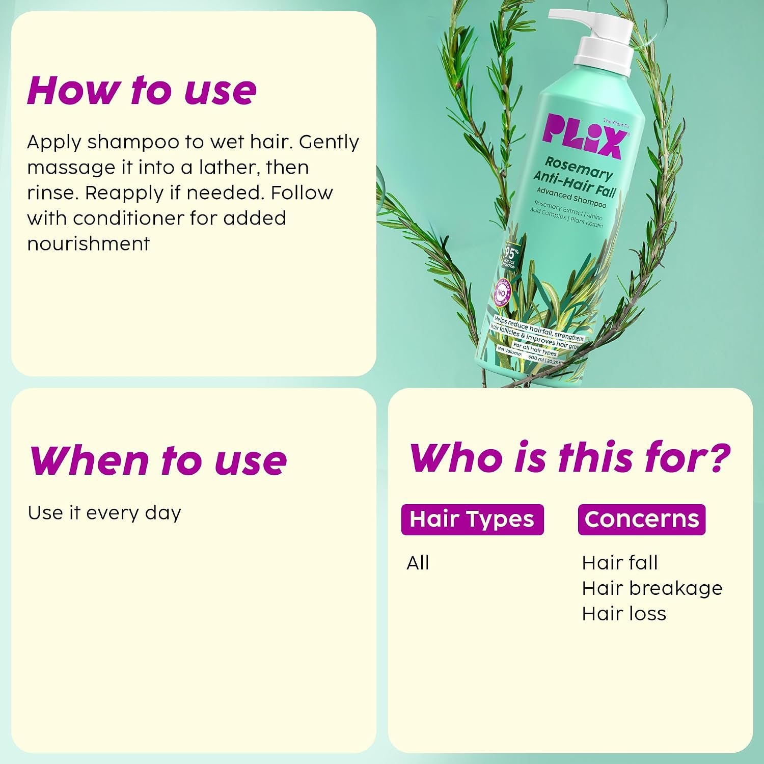 PLIX - THE PLANT FIX Rosemary Advanced Anti Hair Fall Shampoo | Reduces Hairfall & Promotes Hair Growth | Gently Cleanses | All Hair Types | Men & Women | Sulphate & Paraben Free | 600ml thumbnail