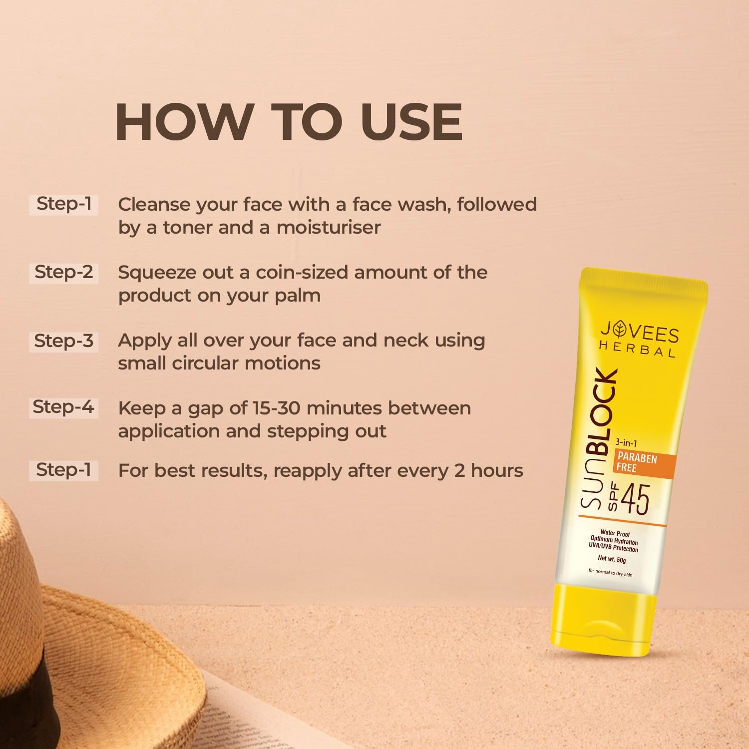 Jovees Herbal Sun Block SPF 45 For Even Toned & Glowing Skin | Suitable For Dry Skin | Sunscreen for UVA/UVB & Blue Light Protection | Lightweight & Non Grassy Sunscreen For Men/Women 50g thumbnail