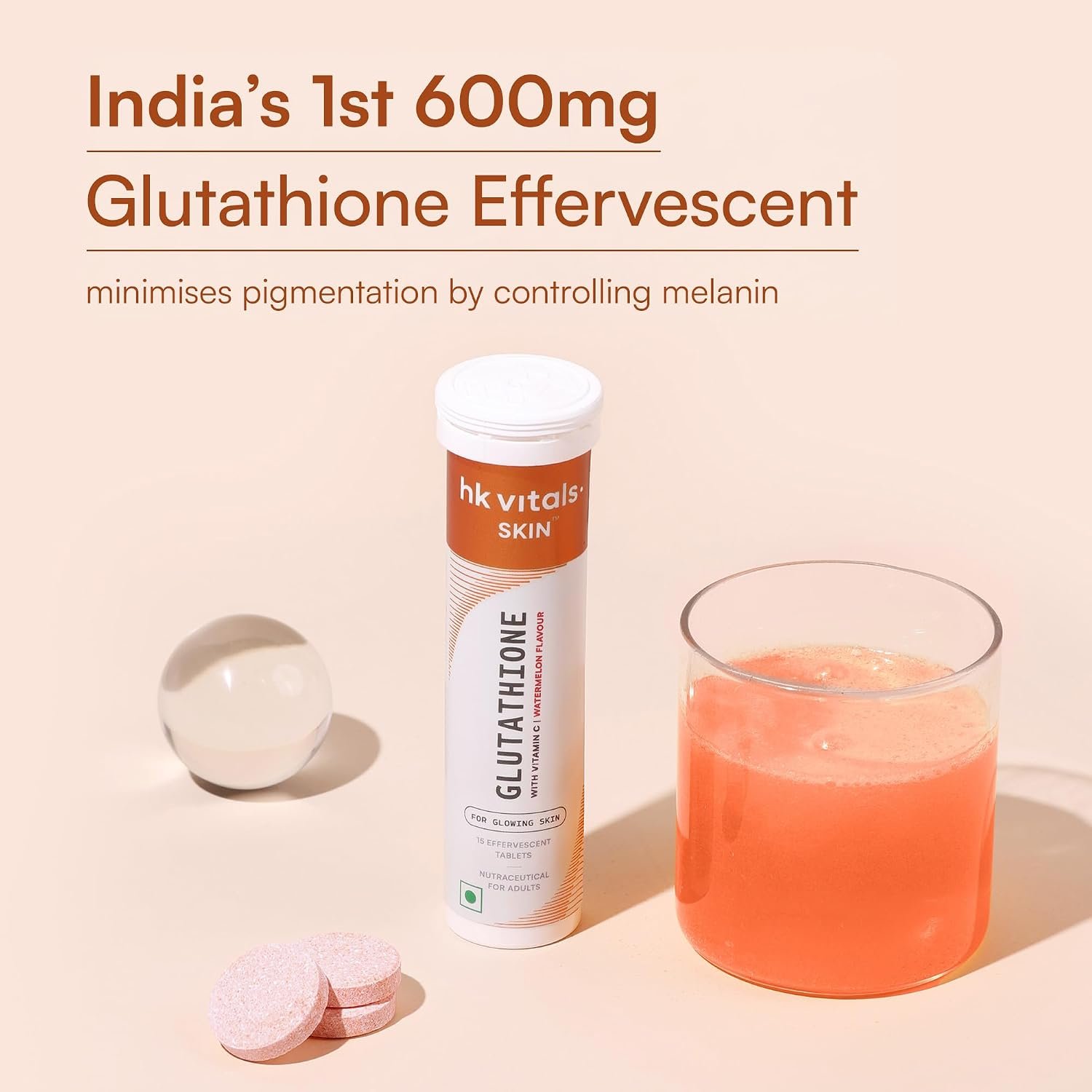 hk vitals Glutathione, Watermelon, 15 Effervescent Tablets L-Glutathione with Vitamin C & E | For Skin Glow & Hydration thumbnail