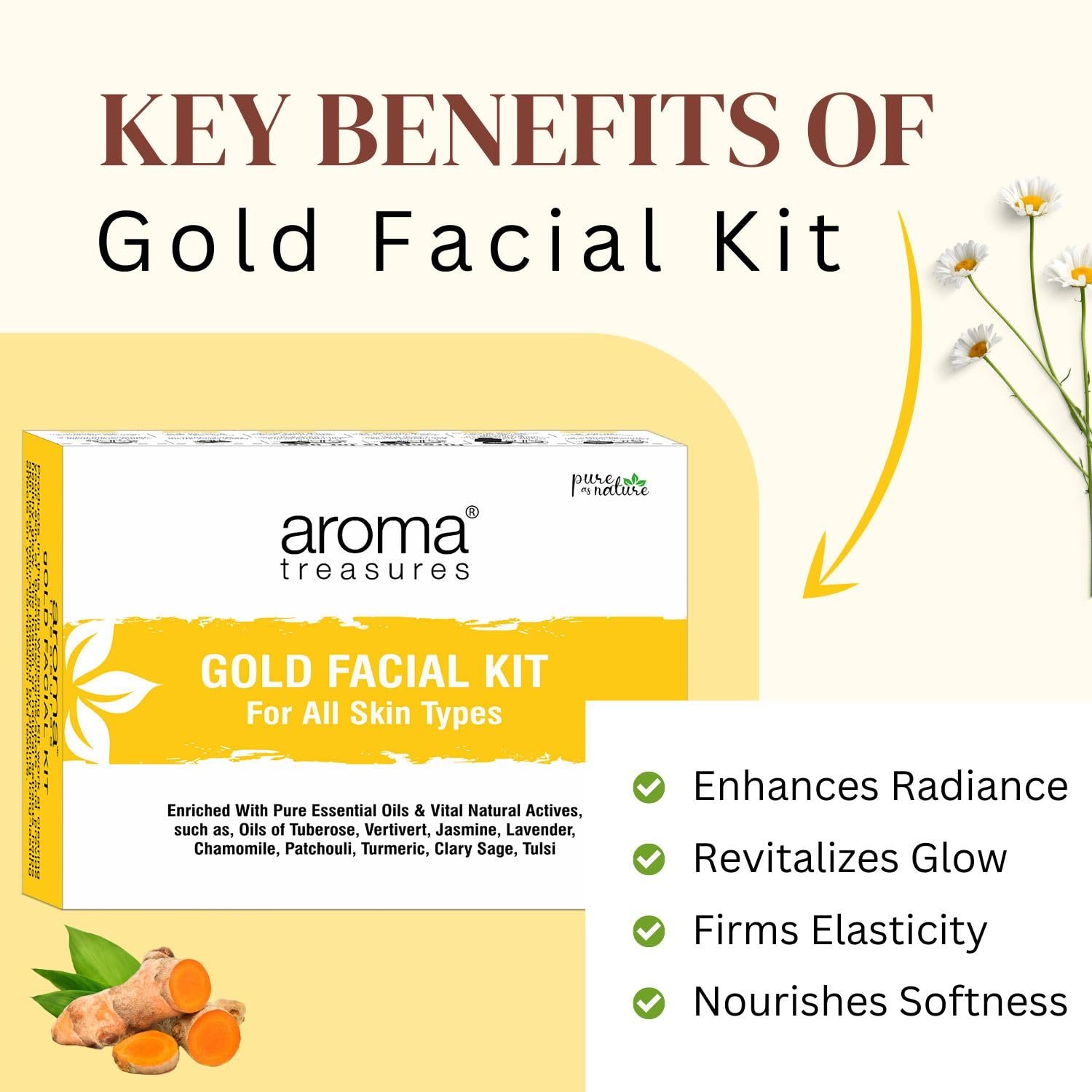 Aroma Treasures Gold Facial Kit (30g/ml) | With 24K Gold Leaf, Turmeric, Lavender & Jasmine Oils | Paraben-Free, Cruelty-Free | Instant Glow, Deep Cleansing & Skin Brightening thumbnail