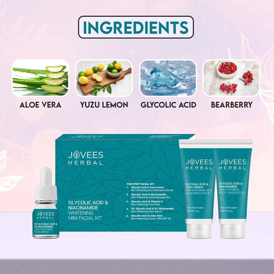 Jovees Herbal Glycolic Acid & Niacinamide Whitening Mini Facial Kit For Brighter & Hydrated Skin | Kit for Improves Uneven Skin Tone, Dark Spots & Dullness 53g (Multiple Use) thumbnail