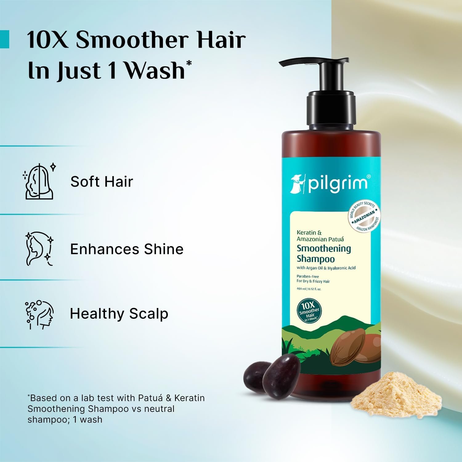 Pilgrim Patua & Keratin Hair Smoothening Shampoo for Frizzy Hair - 400ml 72H Frizz Control with Keratin, Adds Shine, Smoothens Frizz with Amazonian Patua, Softens Dry Hair, Improves Manageab thumbnail