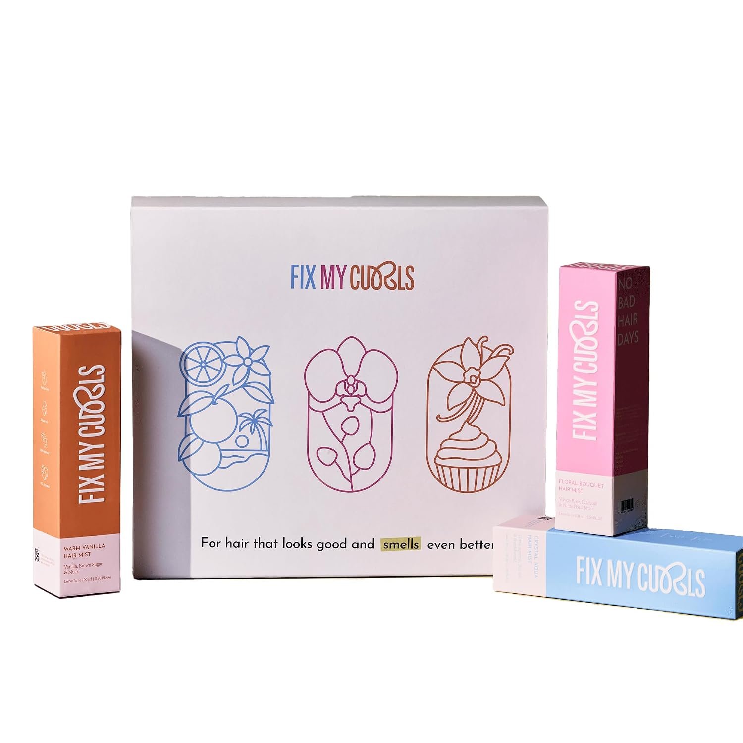 Fix My Curls Hair Mist Trio | Warm Vanilla, Crystal Aqua, Floral Bouquet | 100ml Each
