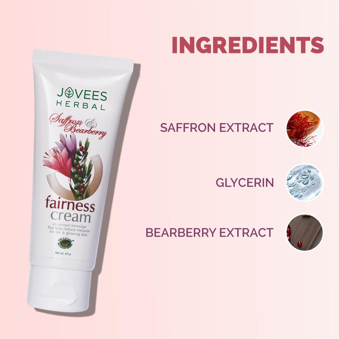 Jovees Herbal Saffron & Bearberry Fairness Face Cream | For Women/Men | Bright, Even Toned and Glowing Skin | UVA/UVB Protection | Paraben and Alcohol Free | 60GM thumbnail