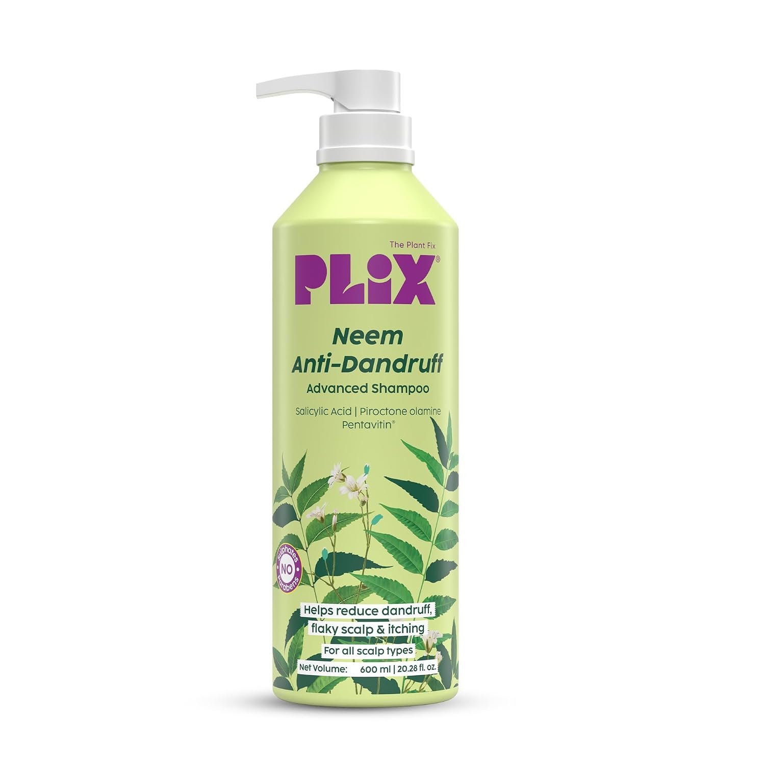 PLIX - THE PLANT FIX Neem Anti-Dandruff Advanced Shampoo | Piractone Olamine & Pentavitin® | Reduces Dandruff | Soothes Itchy Scalp | Moisturizes Scalp | Paraben & Sulphate Free |  600ml