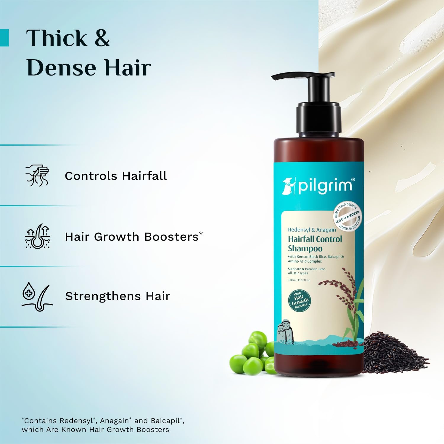 Pilgrim Redensyl & Anagain Hairfall Control Shampoo with Korean Black Rice 400ml | Anti Hairfall shampoo for Men & Women | Reduces Hairfall | Promotes Hair Thickness | For All Hair Types thumbnail