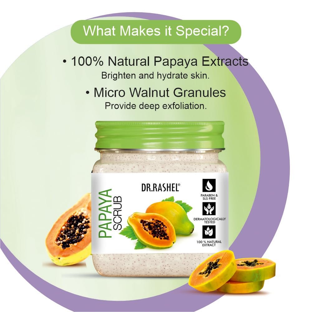 DR.RASHEL Papaya Scrub For Face & Body (380 ML) | All Skin |Cleanser For Deep Exfoliation | Dead Skin Remover| Tan Removal | Blackhead Remover thumbnail