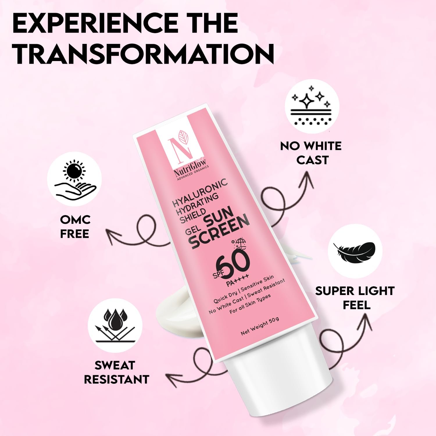 NutriGlow Advanced Organics Hyaluronic Hydrating Shield Gel Sunscreen with SPF60, PA++++ 50g thumbnail