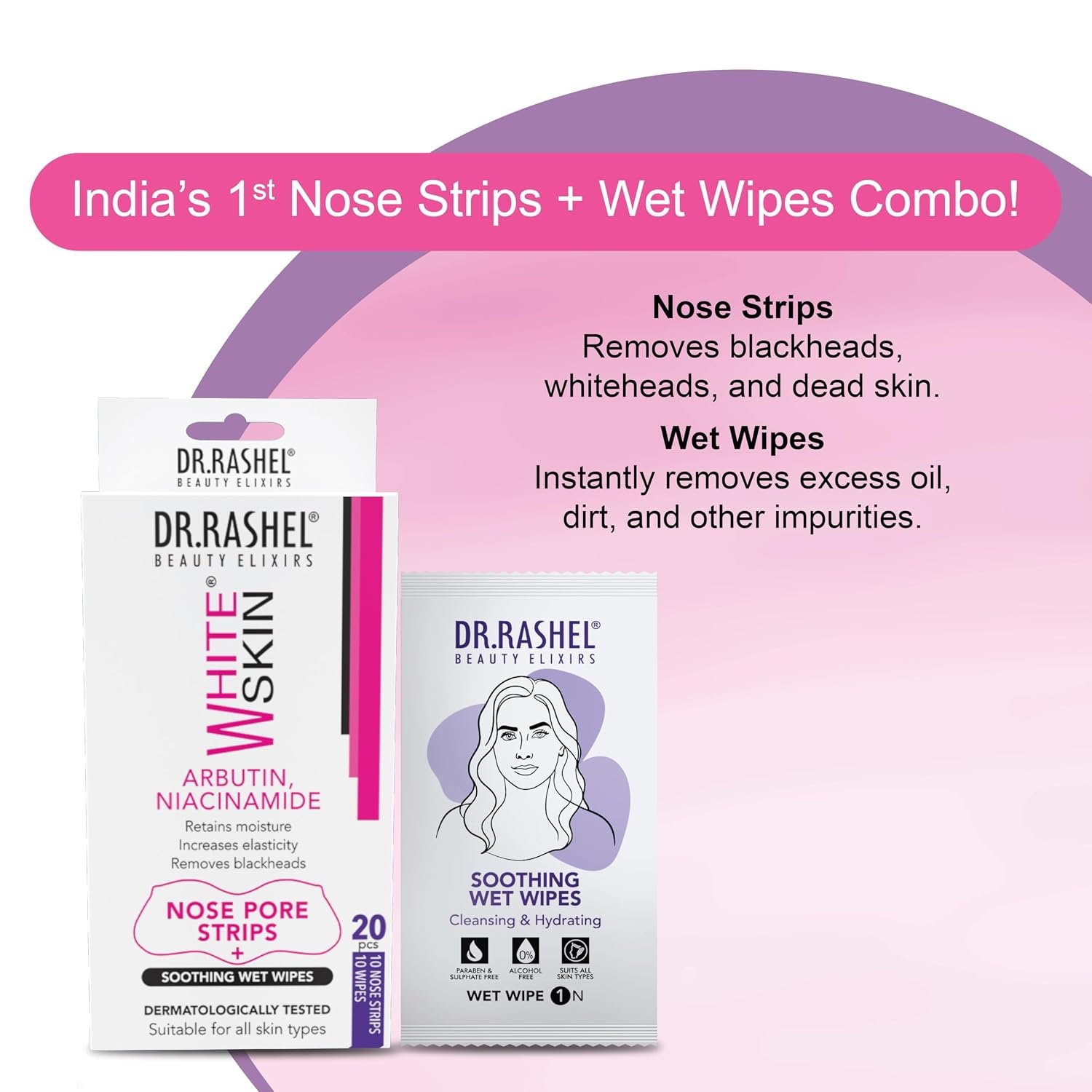 DR.RASHEL White Skin Nose Pore Strips | With Arbutin & Niacinamide | Instant Blackhead Removal | Deep Cleansing | 10 Strips + 10 Wipes | 20 PCS thumbnail