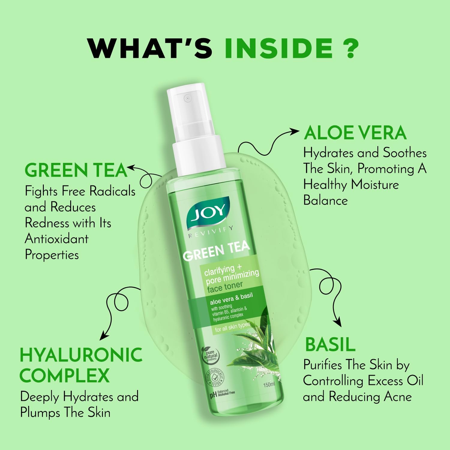 Joy Clarifying & Pore Minimizing Green Tea Face Toner (150ml) | Alcohol Free Toner with Aloe Vera, Vitamin E & Hyaluronic Acid for Hydrating & Refreshing Skin | For All Skin Types thumbnail