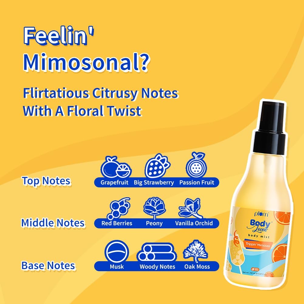 Plum BodyLovin' Trippin' Mimosas Body Mist | Long Lasting Citrus Fragrance For Women & Men With Grapefruit, Red Berries & Musk |Body Spray 150 ml thumbnail