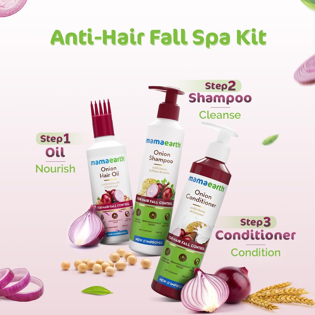 Mamaearth Anti-Hair Fall Spa Kit | Onion Shampoo 250 ml + Conditioner 250 ml + Hair Oil 150 ml thumbnail