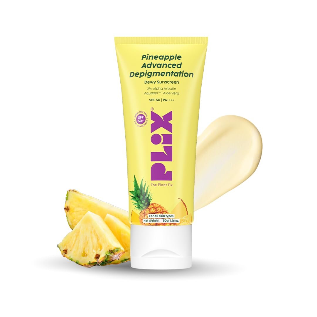 PLIX - THE PLANT FIX Pineapple Advanced Depigmentation Dewy Sunscreen SPF 50 PA++++ | Alpha Arbutin & Aquaxyl | Reduces Pigmentation, Protects from UV & Blue Light, Hydrates Skin |  50g