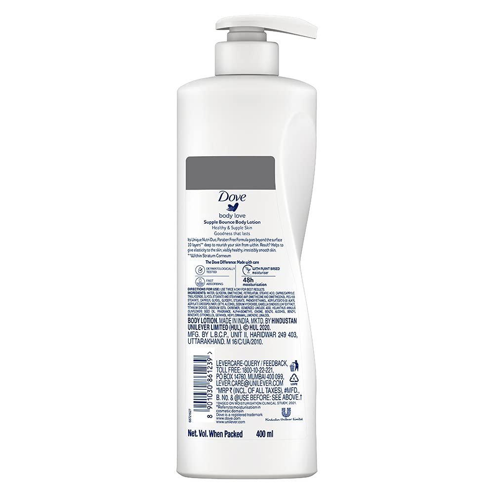 Dove Body Love Supple Bounce Body Lotion for Dry Skin 48Hrs Moisturisation|| Paraben Free|| with Plant based Moisturiser|| For Supple Healthy Skin 400ml thumbnail