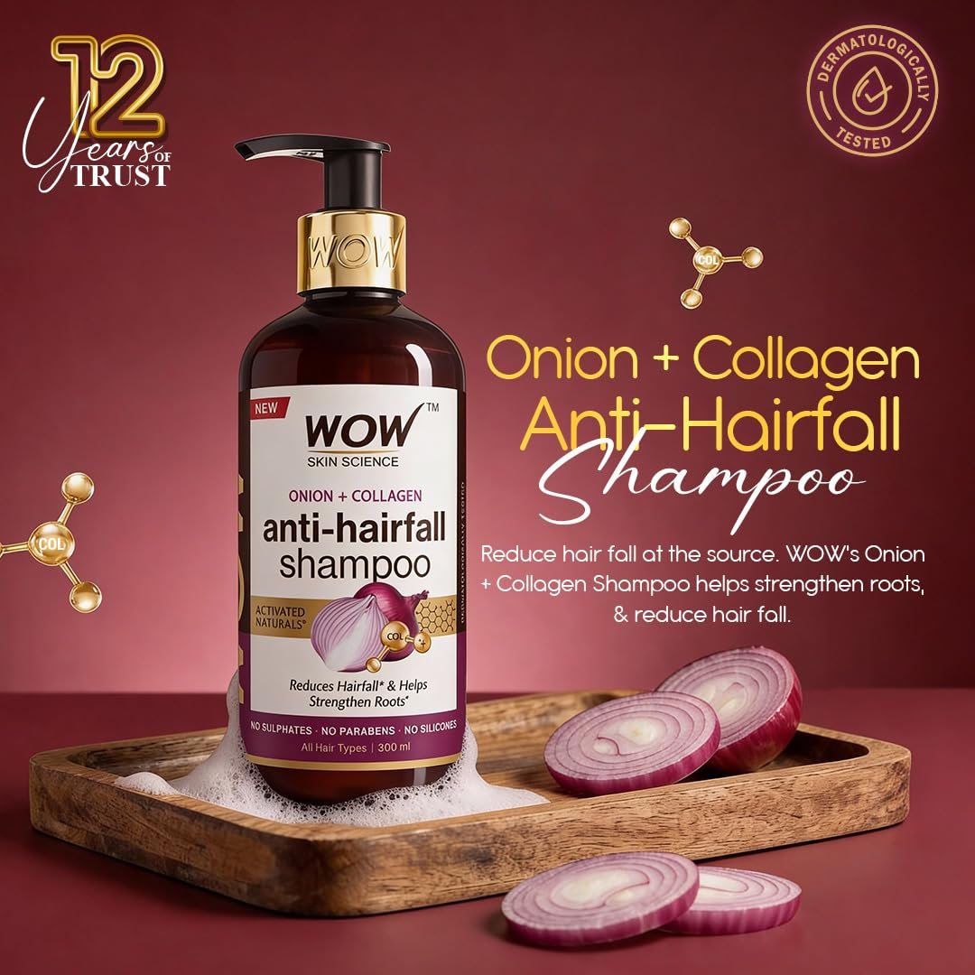 WOW Skin Science Onion & Collagen Anti-Hairfall Shampoo | Reduces Hair fall | Strengthens Roots | Nourishes Scalp | Prevents Breakage |300ml thumbnail