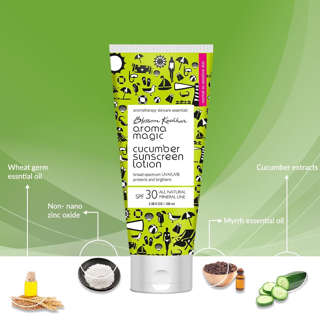 Aroma Magic Cucumber SPF 30 Sunscreen Lotion 50 ml | for Normal to Sensitive Skin | Non-Nano Zinc Oxide, Wheatgerm & Coconut Oil | Cools, Soothes & Protects | No Parabens or Alcohol thumbnail