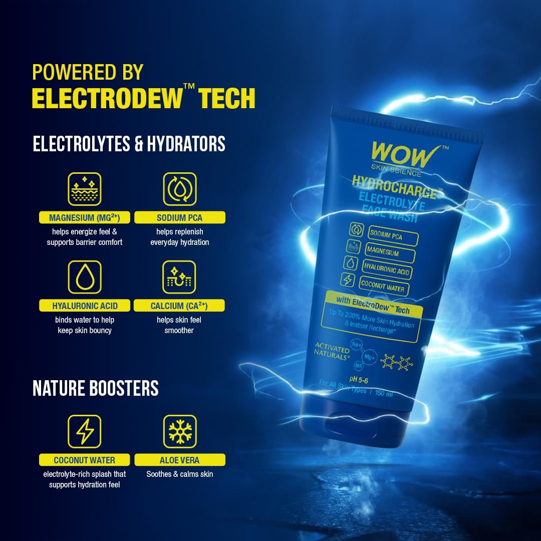 WOW Skin Science Hydrocharge™ Electrolyte Face Wash 150 ML for Men & Women | Facewash with ElectroDew™ Tech, Sodium, Magnesium, Hyaluronic Acid & Coconut Water thumbnail