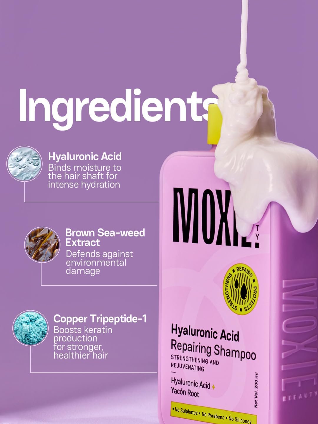 Moxie Beauty Hyaluronic Acid Hydrating Shampoo 120 ml Sulphate-Free Shampoo | Sodium Hyaluronate, Bio Peptides & Antioxidants | Hydrates & Helps Reduce Frizz thumbnail