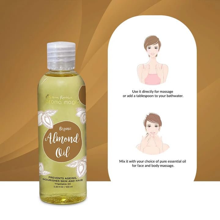 Aroma Magic Organic Almond oil for Body, Skin & Hair with Prunus dulcis oil that Prevents aging, nourishes hair & skin, relieves itching & muscle pain ? 100ml thumbnail