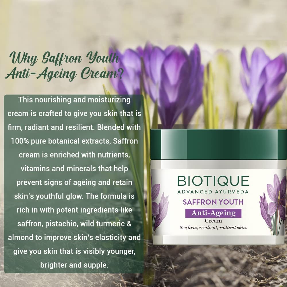 Biotique Bio Saffron Dew Youthful Moisturizer | Protects Skin Cells | Prevents Ageing and Retains Youthful Glow | 100% Botanical Extracts | Suitable for All Skin Types | 50g thumbnail