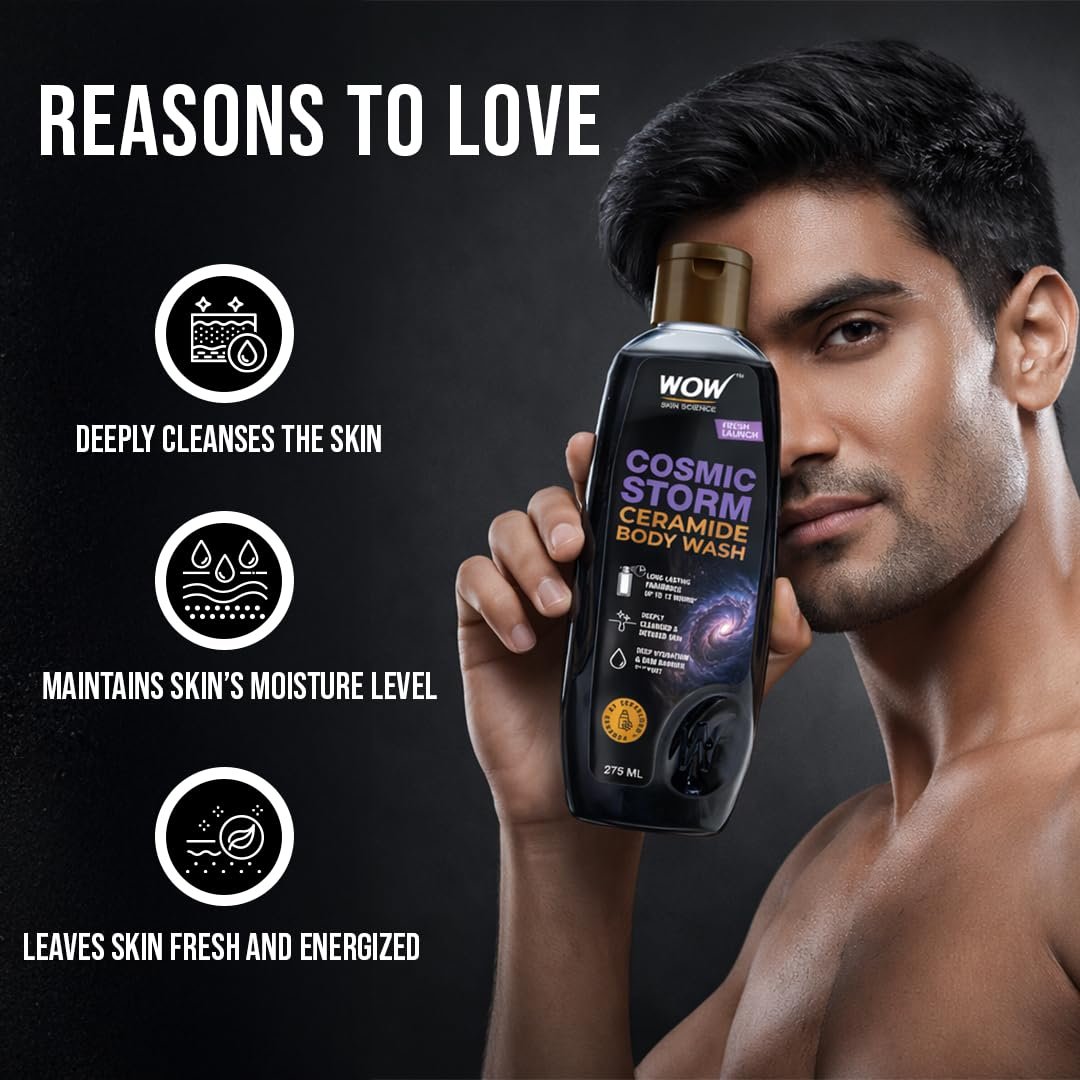 WOW Skin Science Cosmic Storm� Ceramide Body Wash | Ceramide for Deep Hydration & Skin Barrier Support | Activated Charcoal Detox Cleanse | 12-Hour Fragrance with Cerabloom� | 275 ml thumbnail