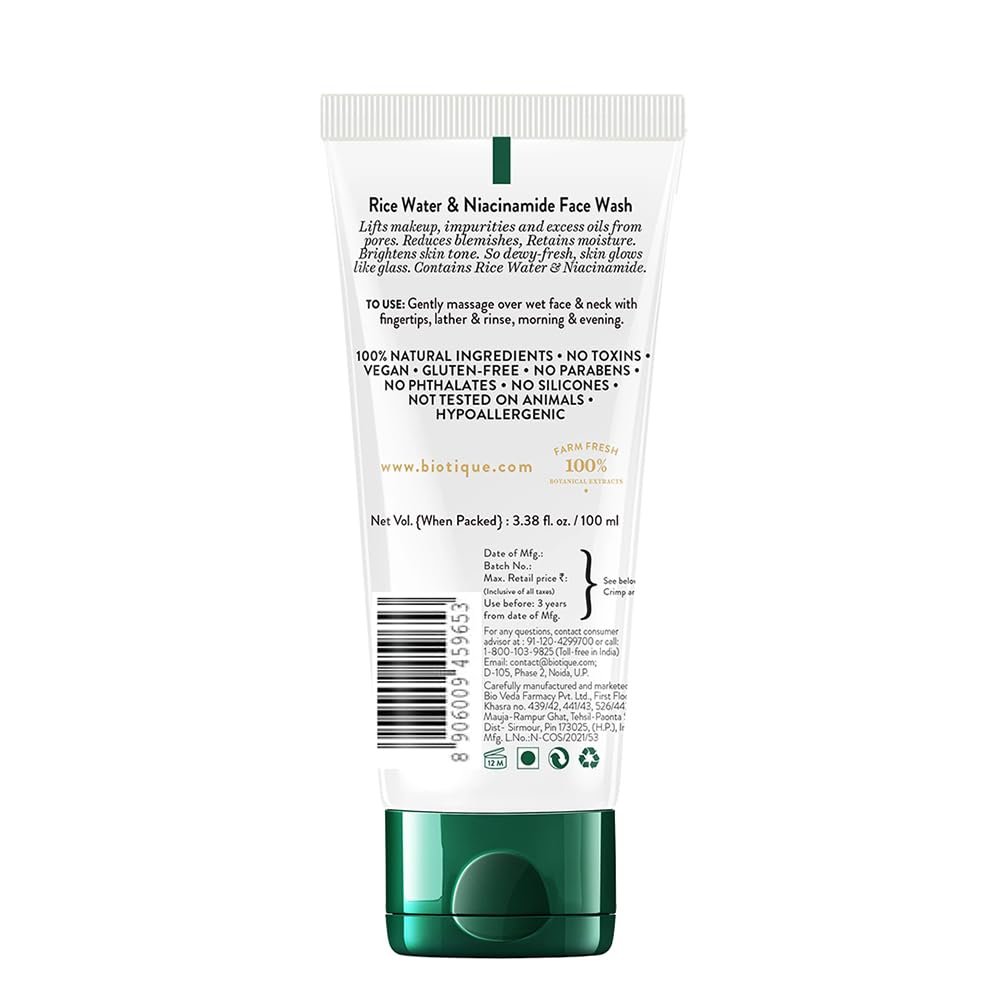 Biotique Rice Water & Niacinamide Gel Face Wash Removes Excess Oils & Reduce Blemishes of the Skin | Glass Skin | For Men & Women - 100ml thumbnail