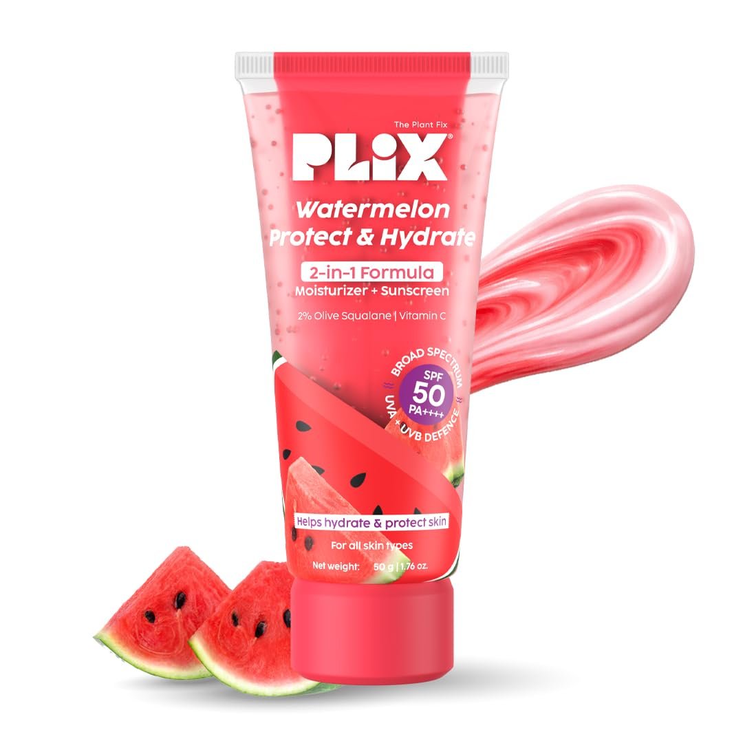 PLIX THE PLANT FIX Watermelon Protect & Hydrate 2-in-1 Formula | In Vivo Tested SPF 50 PA++++ | Moisturizer + Sunscreen | Lightweight, No White Cast