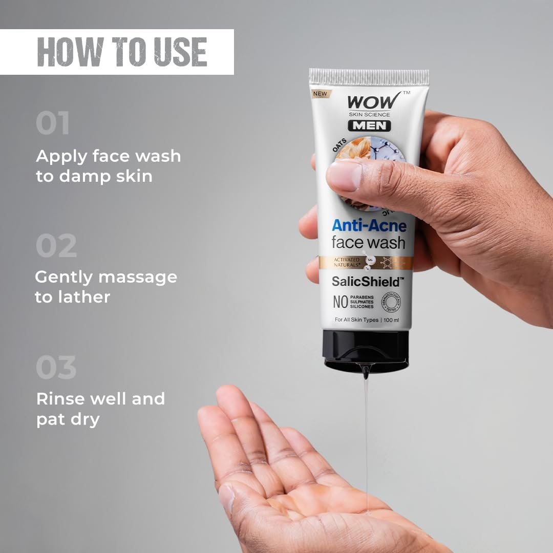 WOW Skin Science MEN OAT EXTRACT + 2% SALICYLIC ACID Anti-Acne Face Wash | Targets Acne & Prevents Breakouts | SalicShield™ Technology | No Sulphates, Parabens or Silicones | 100ml thumbnail