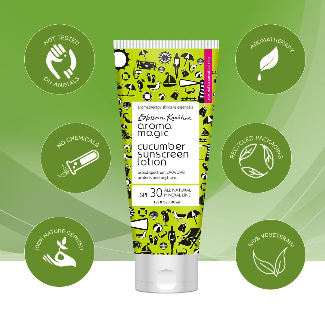 Aroma Magic Cucumber SPF 30 Sunscreen Lotion 50 ml | for Normal to Sensitive Skin | Non-Nano Zinc Oxide, Wheatgerm & Coconut Oil | Cools, Soothes & Protects | No Parabens or Alcohol thumbnail