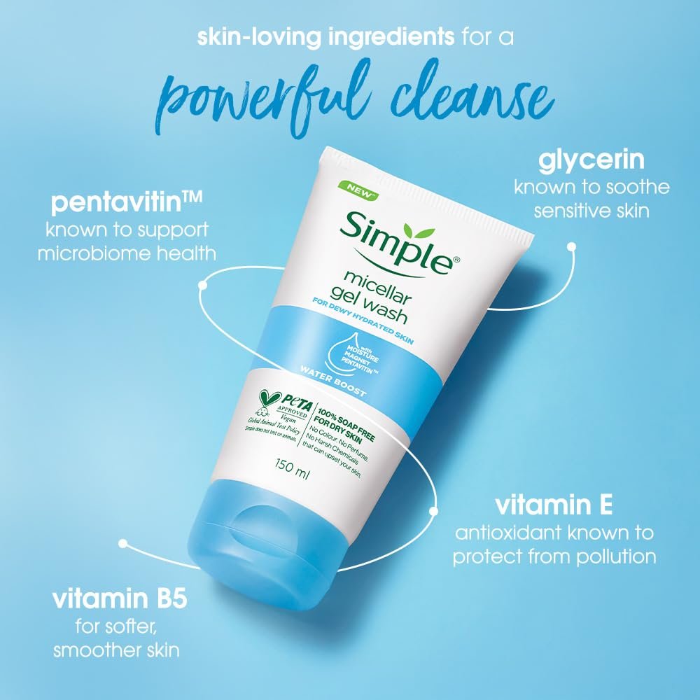 Simple Water Boost Micellar Gel Wash| 100% Soap Free | Gentle Hydrating Facewash with Prebiotics & Panthenol | Cleanser for Dry Sensitive Skin, 150 ml thumbnail