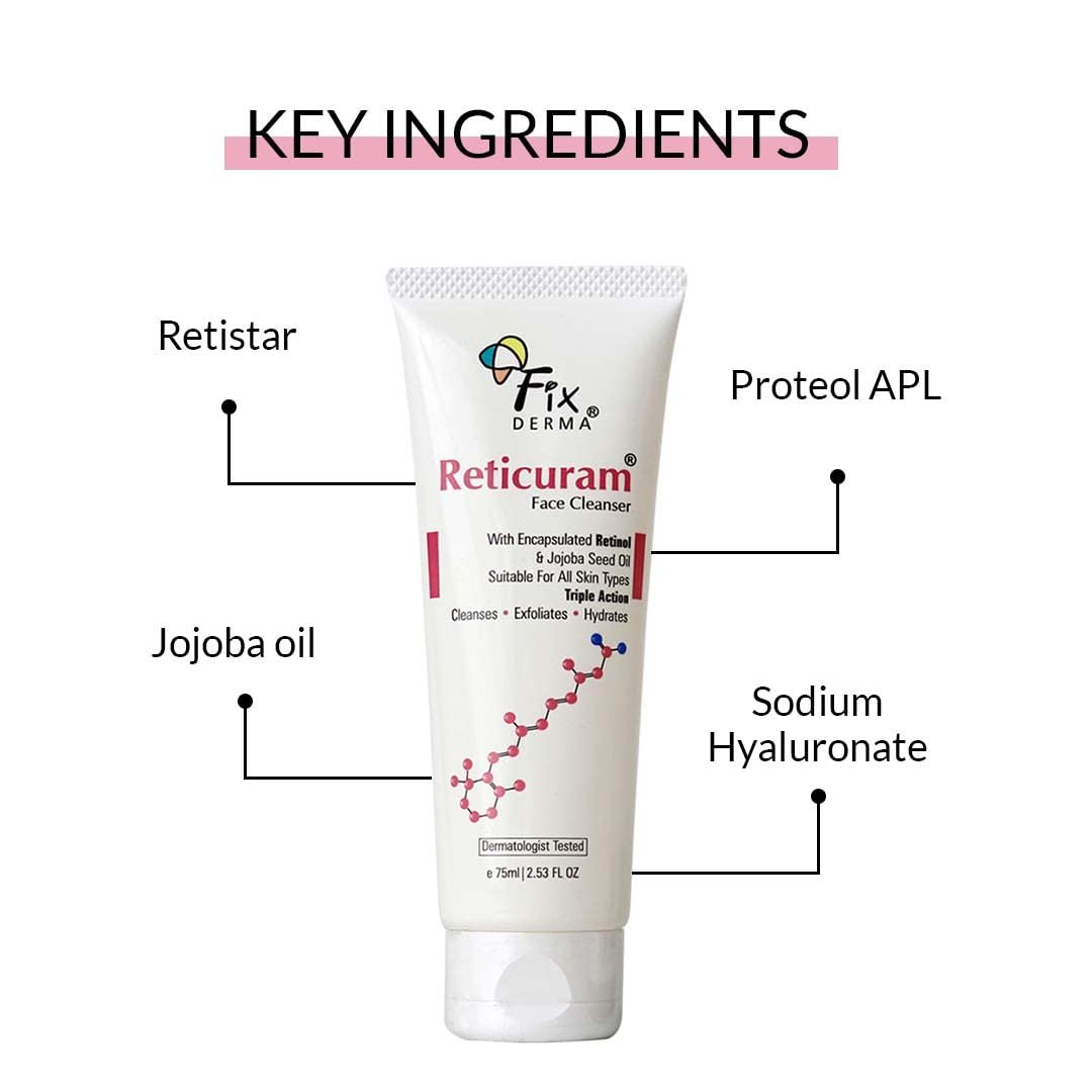 Fixderma 0.05% Retinol Reticuram Face Cleanser , Anti Ageing, Retinol Face Cleanser, Regulates Sebum Production, Deep Pore Cleansing, Soap Free face wash with jojoba oil 50ml thumbnail