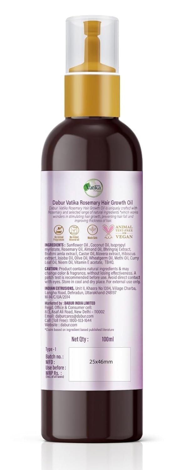 DABUR Vatika Rosemary Hair Growth Oil With Hibiscus & Coconut Oil - 100Ml | Stimulates Hair Growth And Thickness | Reduces Hair Fall | Co-Created With Dermatologist | thumbnail
