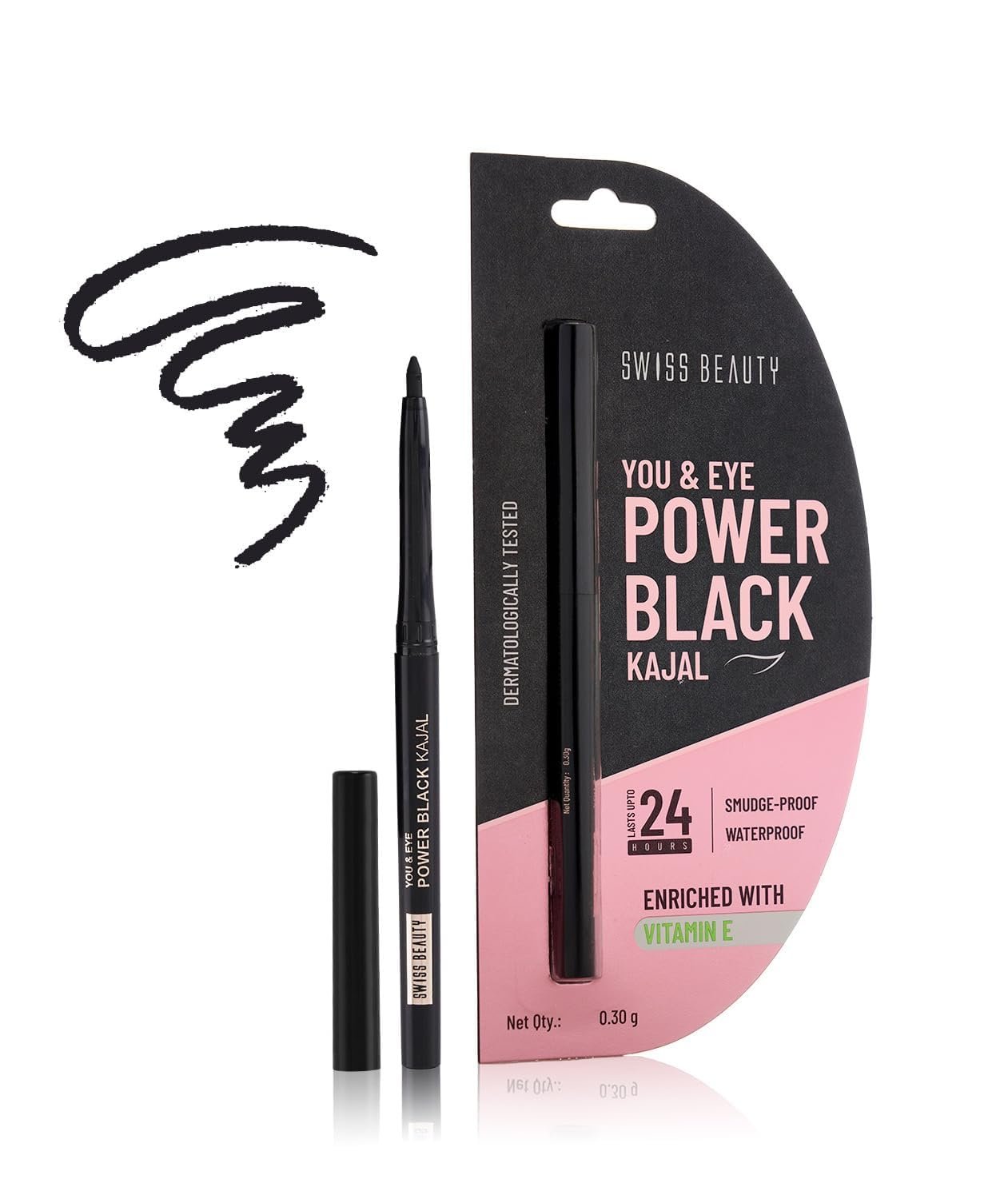 Swiss Beauty Bold & Black High Impact Kajal with Sharpener | With In-Built Smudger | Shade, 1.2G | Black