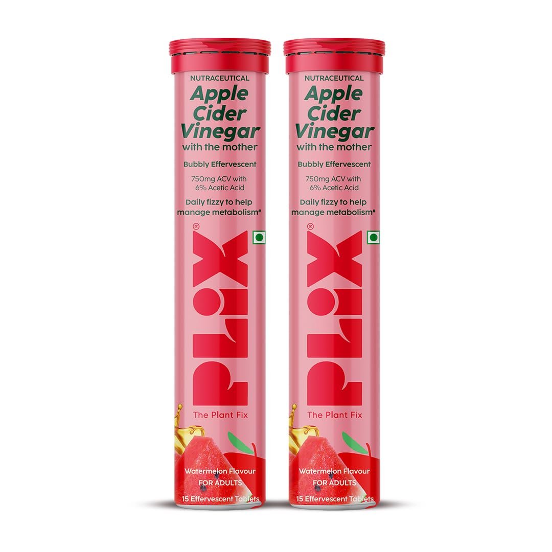 Plix Apple Cider Vinegar Effervescent Tablets Watermelon Flavour | 750mg ACV with The Mother | Supports Digestion & Metabolism | Helps Manage Cravings | Vitamin B6 & B12 | No Added Sugar (Pa thumbnail
