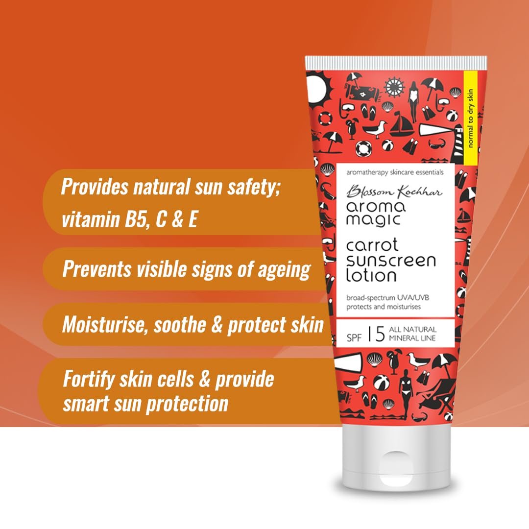 Aroma Magic Carrot Sunscreen Lotion ? 100ml | SPF 15 for Dry Skin | Non-Nano Zinc Oxide, Carrot seed & Rice Bran Oils | No Parabens or Alcohol | Deep Moisture + Sun Protection | 100ml thumbnail